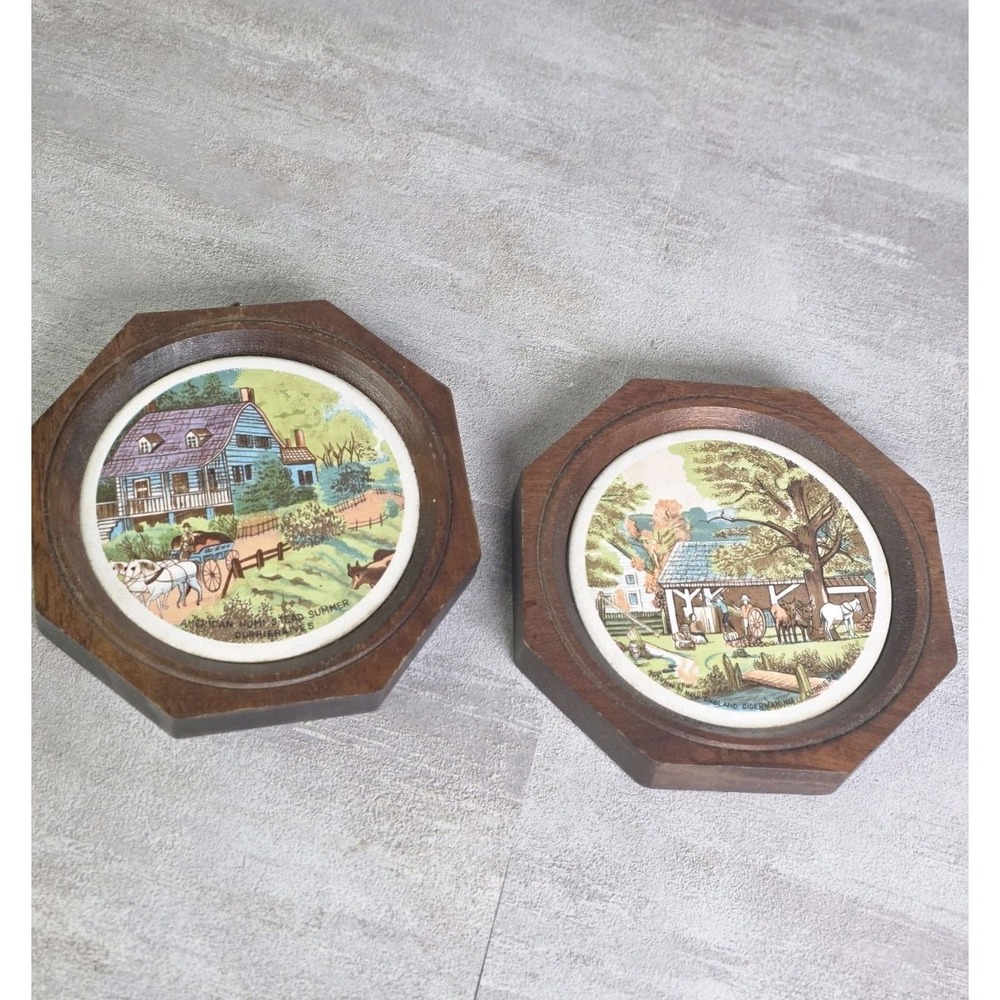 2 VTG Currier & Ives American Homestead octagonal wooden wall plaques Ceramic